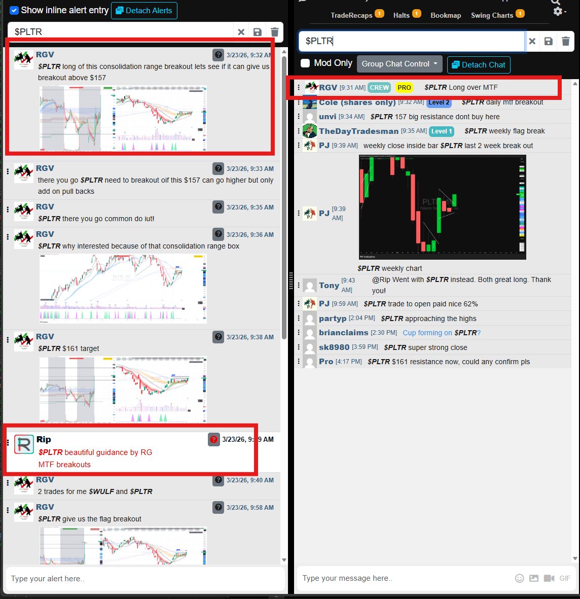 RGV_TRADES's tweet photo. 03/23/2025 DAY TRADE RECAPS   Repeatable setups at TENET, can be repeated for life!!  https://t.co/2trg91ONtj 
$PLTR Daily consolidation range breakout 
SETUP: 50/55 EMA MTF LONG 
-->Added longs over Daily 50/55 MTF
-->Scaled into close, holding some swing overnight! 
Guidance at @TENETTRADEGROUP @ripster47