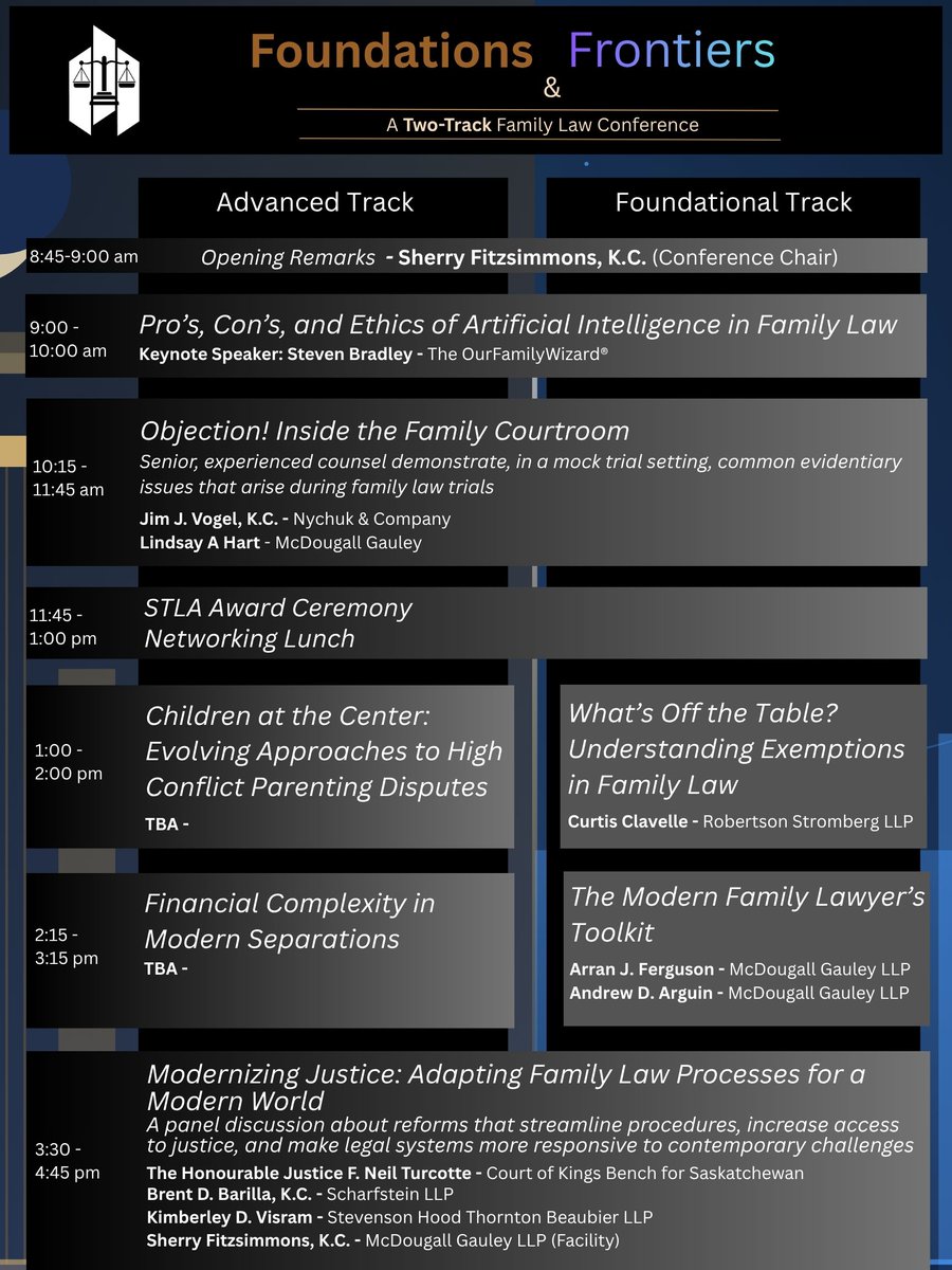SaskTLA's tweet photo. The STLA presents: Foundations &amp; Frontiers: A Two-Track Family Law Conference - Friday May 8, 2026

You are invited to register at: https://t.co/ggSlB66sW2 https://t.co/0nnVtJEyhU