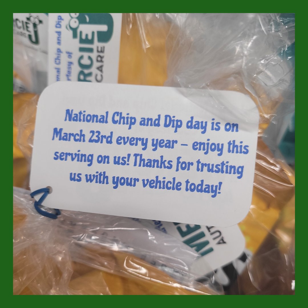 MercieJAuto's tweet photo. Happy National Chip and Dip Day! We like to pick one national day every month to celebrate and have some fun with. And we love to include our amazing clients! Every client that comes in on these days get a free gift that connects to the national holiday.#merciej #nationalholiday https://t.co/uHNZsAKIRi