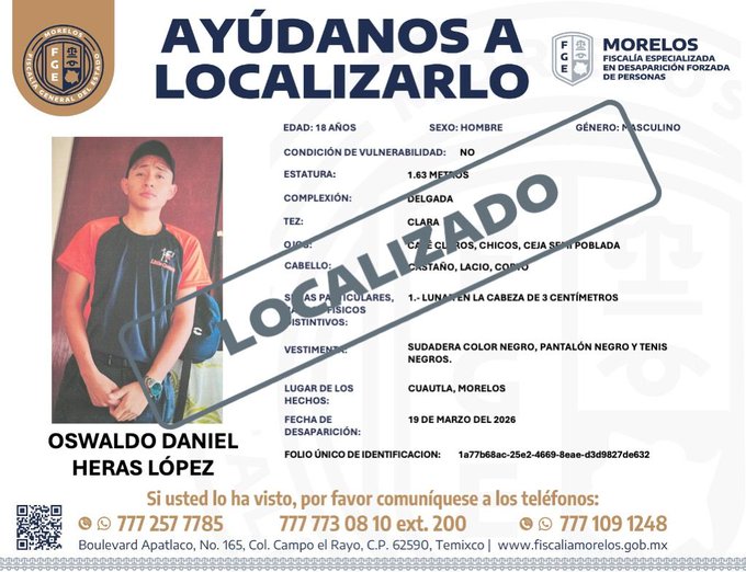 24_morelos's tweet image. OSWALDO DANIEL YA FUE LOCALIZADO

Gracias por compartir la ficha de #búsqueda de Oswaldo Daniel Heras López, quien ya fue #localizado. 

Su #desaparición fue reportada el pasado 19 de #marzo.