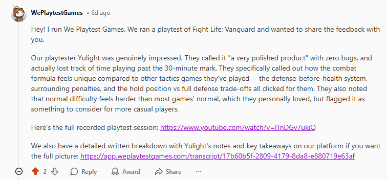 FightLifeGame's tweet photo. An incredible motivation boost getting such  feedback from professional playtesters
Thank you @WePlaytestGames 

If you want to watch that video, here is the link
https://t.co/OfROF7BhHD https://t.co/T5jXnXJT5v