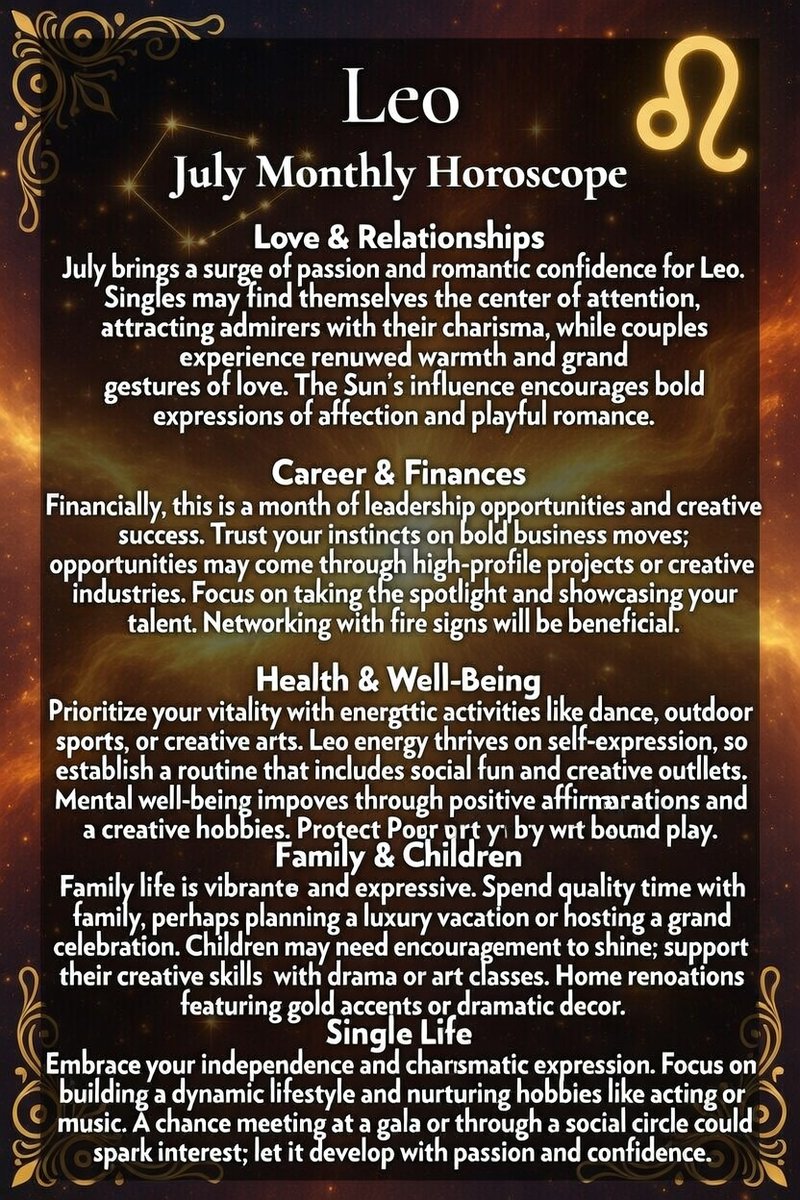 ZodiacGloria's tweet image. Leo July Horoscope:
July puts you in the spotlight, Leo—confidence rises and opportunities come your way. Stay bold but balanced in love and decisions.
#LeoJuly #LeoSeason #Horoscope #ZodiacSigns