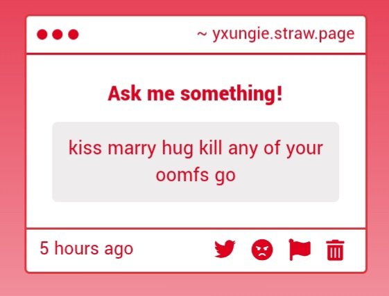 yxungie_'s tweet image. I think this is the last one-
kiss: @ikkunne @prismaticend 
marry: @keiyhey @r1nwooga
hug: @Tamim_472 @phaiheart @lostinemmi
kill: @wutdatmel @fukuchancharts