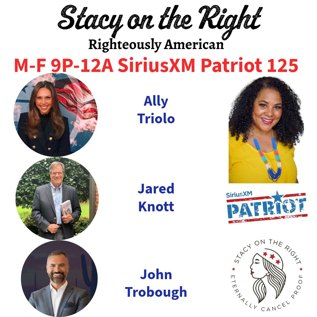 SiriusXMPatriot's tweet image. Tonight On @StacyOnTheRight 9pm-12am ET @Kiradavis Guest Hosts Mon 3/23

9:20pm @allytriolo 

10:00pm @Blunderking29

11:00pm @JohnTrobough

Call In Now: 866-957-2874
sxm.app.link/Patriot sxm.app.link/StacyOnTheRight
#SOTR #RighteouslyAmerican