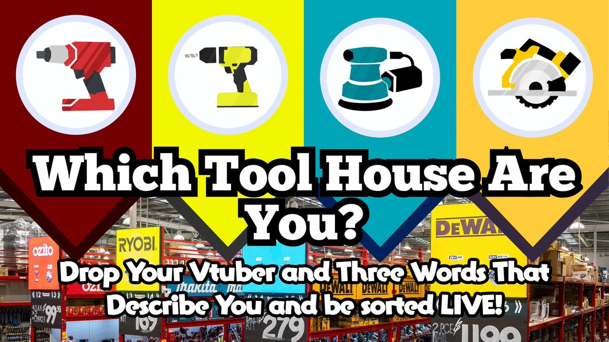 gdayvt's tweet photo. 🛠 Four houses, one aisle...lowest prices are just the beginning 🛠

Across Australia, one truth remains…
Everyone belongs to a Bunnings Tool House.

🔋 Ryobi: chaotic, creative, “she’ll be right”
🟡 DeWalt: dependable, tough, built to last
🟦 Makita: precise, calm, does it properly
🔴 Ozito: resourceful, gets it done

We'll be sorting live on stream on the Sunday 29th of March at 1pm AEDST

✨ Post your PNG
✨ Add 3 words to describe yourself (does not have to be the ones above)
#gdayvt #aussievtuber #vtuber #Vtubers