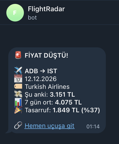 alp0x01's tweet photo. yapay zeka ile yeni bir bot yaptım. 

gün içinde devamlı olarak eklediğiniz rotalardaki uçuş fiyatlarını kontrol ediyor.  fiyat düşünce telegram'dan anında uyarı geliyor. 

isteyen herkes bundan faydalanabilir.👇 https://t.co/K9DwbwiKZk