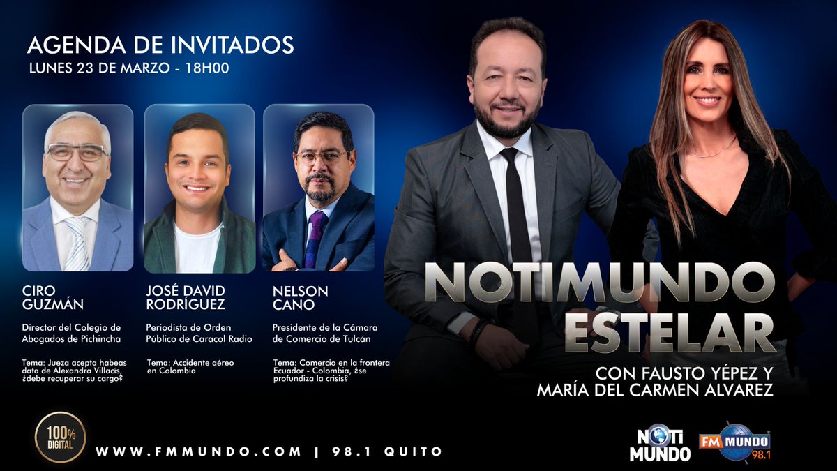 🌎#AGENDA | Las noticias y los protagonistas que marcan la jornada informativa míralos en #NotiMundoEstelar con <a href="/faustoyepezTA/">Fausto Yépez</a>  y #MaríaDelCarmenÁlvarez.

🎙️<a href="/CiroGuzman/">Ciro Guzmán Aldaz</a>
🎙️<a href="/josedavid88_/">José David Rodríguez</a>
🎙️Nelson Cano 

📻 Sintoniza 98.1 #Quito
#Fmmundo, 100% digital📲
🔴Míranos por #FmMundoLive