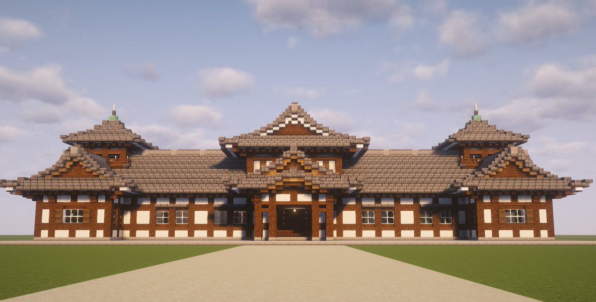 Archi_ham's tweet photo. 久々のマイクラ
議会のようなものを作りました。意匠としては近代和風を意識しており、内部は向かって右が和室、左を洋室にしています。

外観は左右に楼閣を設けた昔ながらの左右対称で、平等院鳳凰堂を若干意識した古典主義的意図も含めています。
 #マイクラ
 #Minecraftbuilds https://t.co/GXGrTZGdrr