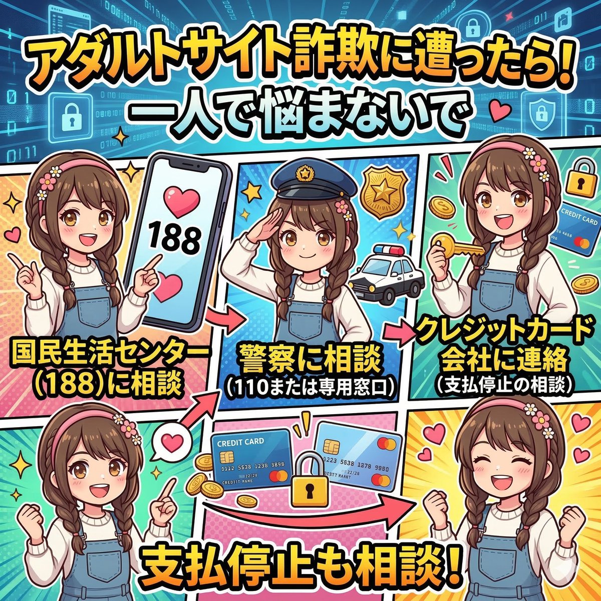 oman_cko_tv's tweet photo. 万が一、アダルトサイトの詐欺被害に遭って現金を振り込んだり、クレジットカードで支払ってしまったら、一人で悩まないで。

まずは、国民生活センター（消費者ホットライン188）や警察に相談しましょう。

クレジットカード会社にも連絡して、支払いの停止を相談することも大切です。 https://t.co/3AxxQDpy2I