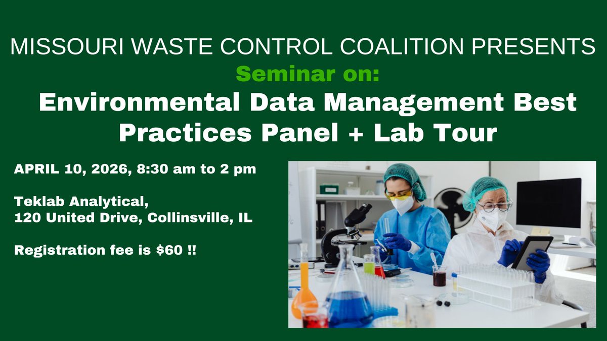 MWCCMissouri's tweet photo. IMPORTANT UPDATE!!
Register here: https://t.co/oaFmM3HDvw
Registration Fee: $60.
This seminar explores how to manage environmental data with purpose: how to collect it wisely, ensure its quality, and move it seamlessly across systems so it can actually drive decisions. https://t.co/tHY6mgNsZZ