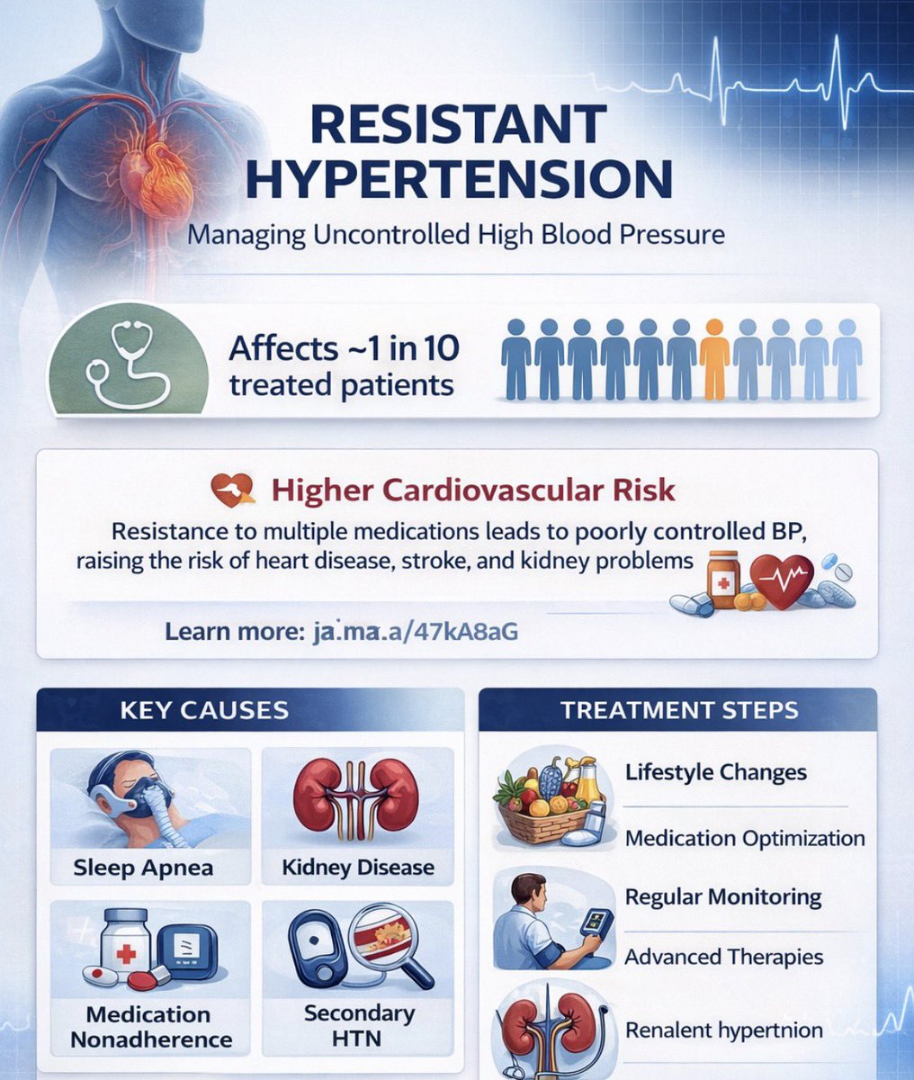ZainKhalpey's tweet image. Resistant hypertension affects about 1 in 10 treated patients and carries higher cardiovascular risk when not controlled. 

Recognition and management matter. 

ja.ma/47kA8aG 

#MedTwitter #Cardiology #Hypertension #Healthcare