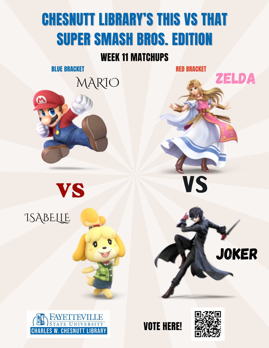 Get your virtual votes in for this week's This vs That! 🖋🖋🖋
Scan the QR code or head over to uncfsu.libwizard.com/f/tournamentro…

#uncfsu #chesnuttlibrary #fayettevillestatebroncos #charleswchesnuttlibrary #fayettevillestateuniversity #Chesnuttthisorthat #thisorthat #fayettevillestate