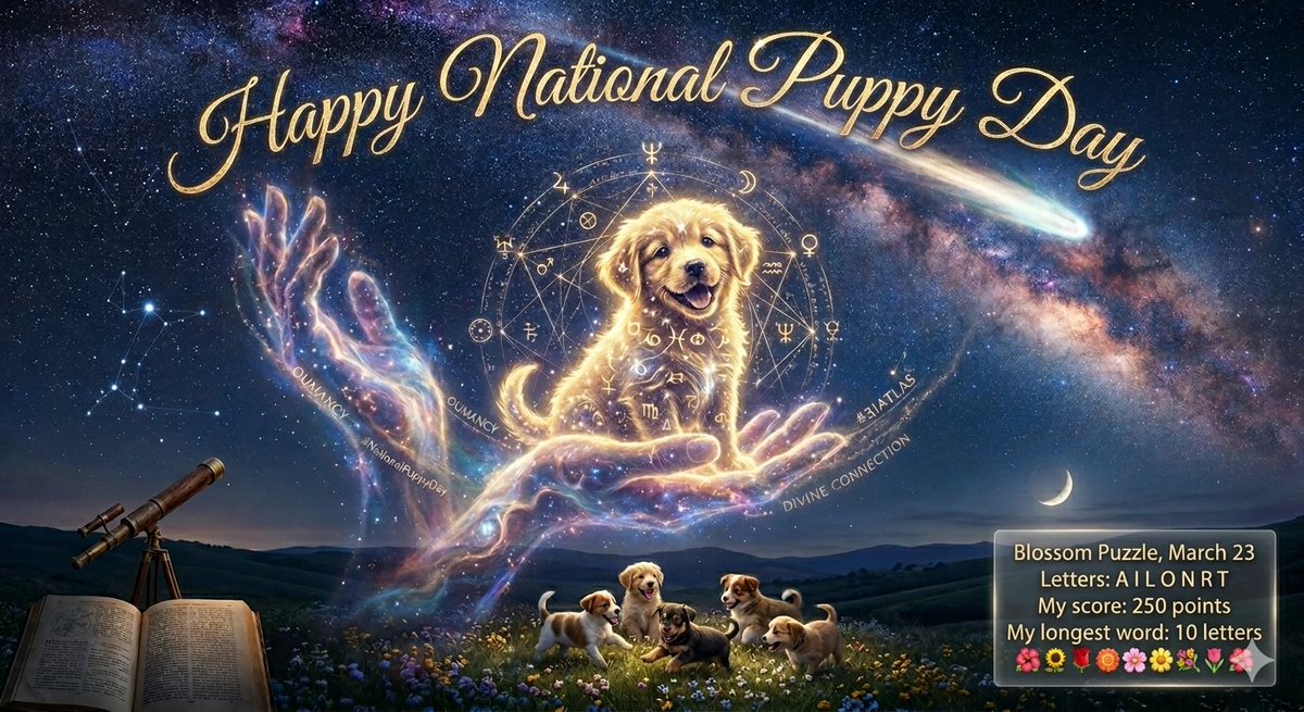 2God4em's tweet image. Happy #NationalPuppyDay! 🐾
It might seem irr_t_o_al to some, but there is a divine connection in the joy a puppy brings. Through the lens of #Oumancy, we can see that even the smallest life reflects a much deeper, supernatural communication from above. 🐕
merriam-webster.com/games/blossom-…