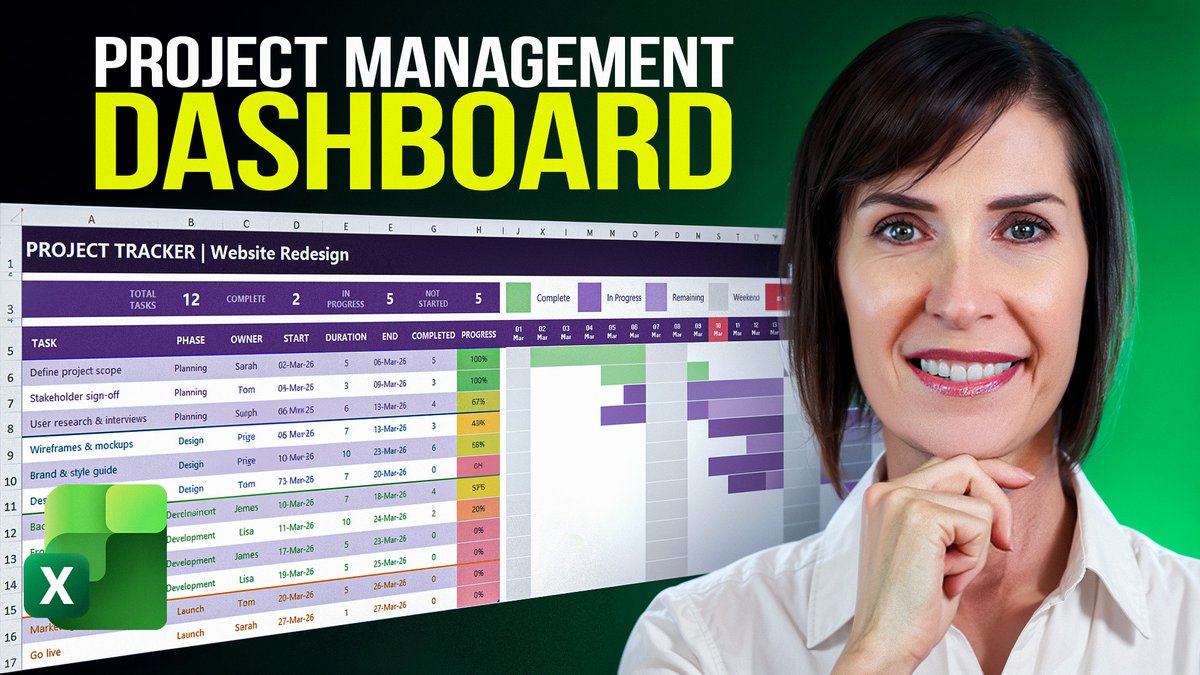 OnlineTrainingH's tweet image. You're paying for project management software.

But you could build the same thing in Excel.

A Gantt chart that:
→ Updates when dates change
→ Shows live progress
→ Color-codes completion
→ Highlights weekends

Build it: youtu.be/vTbW8aNnWwY

#Excel