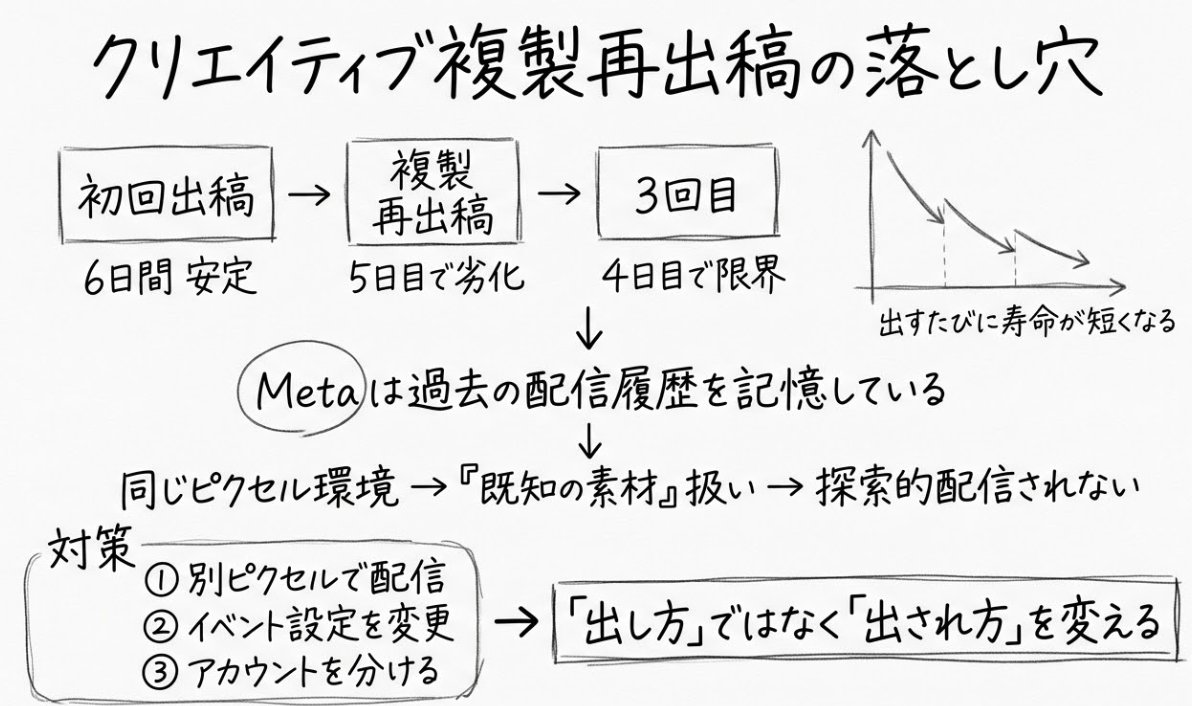 LAPPER_s_HIGH's tweet photo. 同じクリエイティブをコピーしてもう一回出す。
Meta広告を運用してると、一度うまくいった素材でこれをやりたくなる場面が結構ある。

実際、出し直した直後は数字が戻る。CTRもCVRも一時的に回復して「やっぱりこの素材強い」と思える瞬間がくる。
でもそこから先の寿命が、回を重ねるごとに短くなっていく。

自分のアカウントで検証したとき、初回は6日間安定して回ってた素材が、複製して再出稿したら5日目でCPAが跳ねた。
3回目に至っては4日目でもう限界。同じ素材なのに、出すたびに持ちが悪くなっていく。

この事象はMetaの配信システムが過去の配信履歴を覚えてるからだと考えてる。

同じピクセル環境で同じ素材を出すと、システム側が「もう見たことある素材」と判断する。初回のときみたいに幅広く探索してくれない。最初からある程度決め打ちの配信になるので、新しいユーザー層に届きにくくなる。

ではどうするか・・・
素材の中身を変えるんじゃなくて「出される環境」を変える。

別のピクセルで配信する、イベント設定を変える、アカウント自体を分ける。
見た目はまったく同じクリエイティブでも、システムが「初見の素材」として扱うように環境を設計し直す。

「出し方を変える」じゃなくて「出され方を変える」。
この発想の切り替えに気づいてから、同じ素材の再利用で成果が出る期間がかなり伸びた。

何も知らずにコピー再出稿を繰り返すと、本当はまだ使える素材を自分で潰してることになる。
アルゴリズムには記憶がある。それを前提にした出稿設計をしておくと、クリエイティブの資産価値がまるで変わってくる。