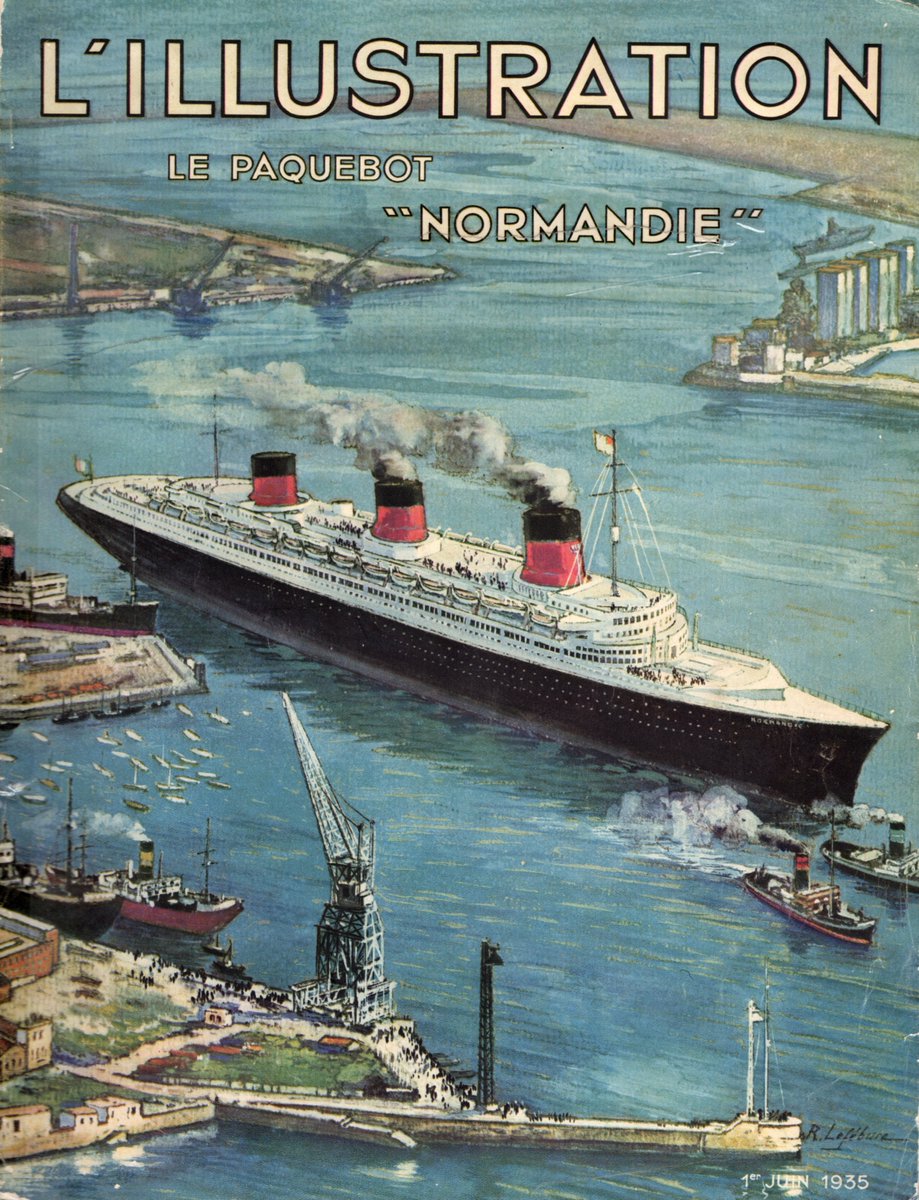 Marine_Archive's tweet photo. Normandie’s maiden voyage is celebrated 1st June 1935 issue of L’Illustration. Built Saint Nazaire  launched 1932. The largest, fastest and most advanced technologically.  Speeds up to 31.2knots with turbo electric power and four propellers winning the Blue Ribbon. See catalog. https://t.co/xsEPGkN91u