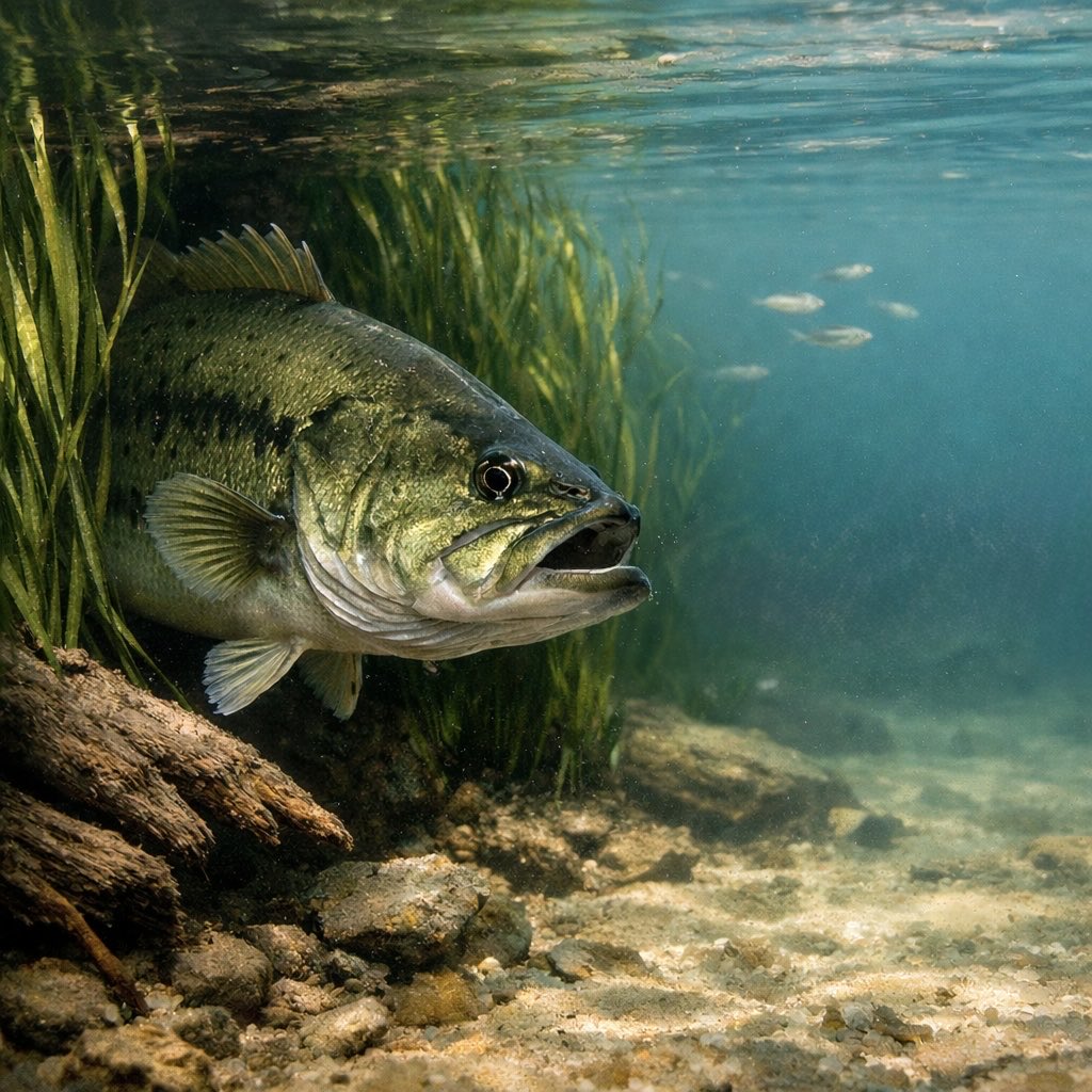 BassFishinFacts's tweet photo. In clear water, bass often see more than anglers think. Long before the strike, they may already be tracking a bait’s path, speed, and body roll — and one small change can be enough to make them commit or fade off. Anglers who fish with forward-facing sonar have likely seen this. https://t.co/XLlKMde9y2