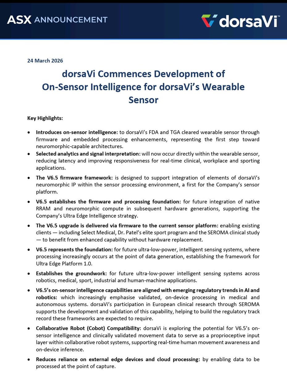 YellowStripeASX's tweet photo. $DVL #ASX #AI #SensorTech
NEWS💥
⏩ $DVL Commences Development of On-Sensor Intelligence for @dorsavi’s #FDA & #TGA cleared #wearable #sensor V6.5 through firmware & embedded processing enhancements, representing the first step toward #neuromorphic capable architectures⏪ https://t.co/TIJ250VcAl