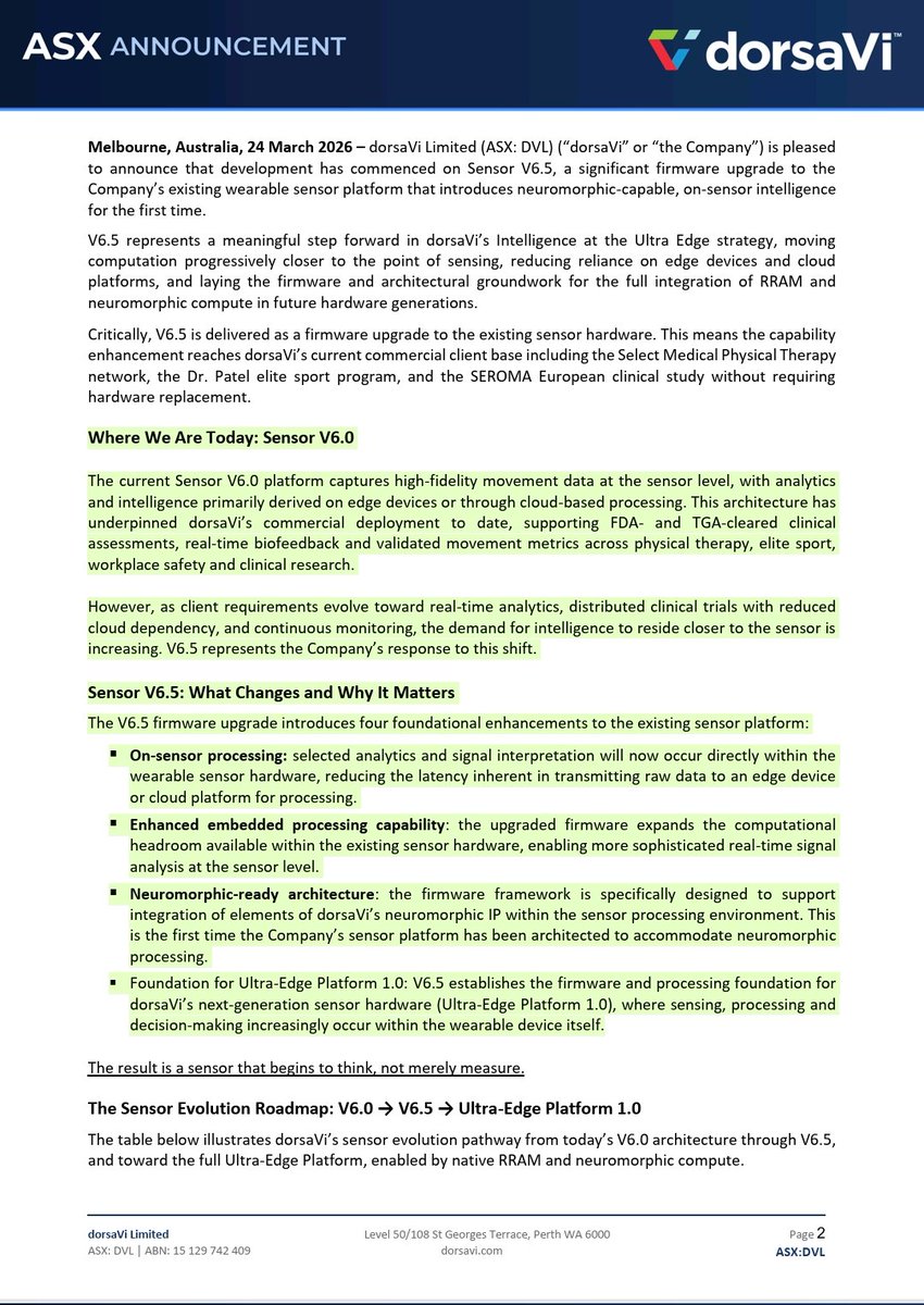 YellowStripeASX's tweet photo. $DVL #ASX #AI #SensorTech
NEWS💥
⏩ $DVL Commences Development of On-Sensor Intelligence for @dorsavi’s #FDA & #TGA cleared #wearable #sensor V6.5 through firmware & embedded processing enhancements, representing the first step toward #neuromorphic capable architectures⏪ https://t.co/TIJ250VcAl