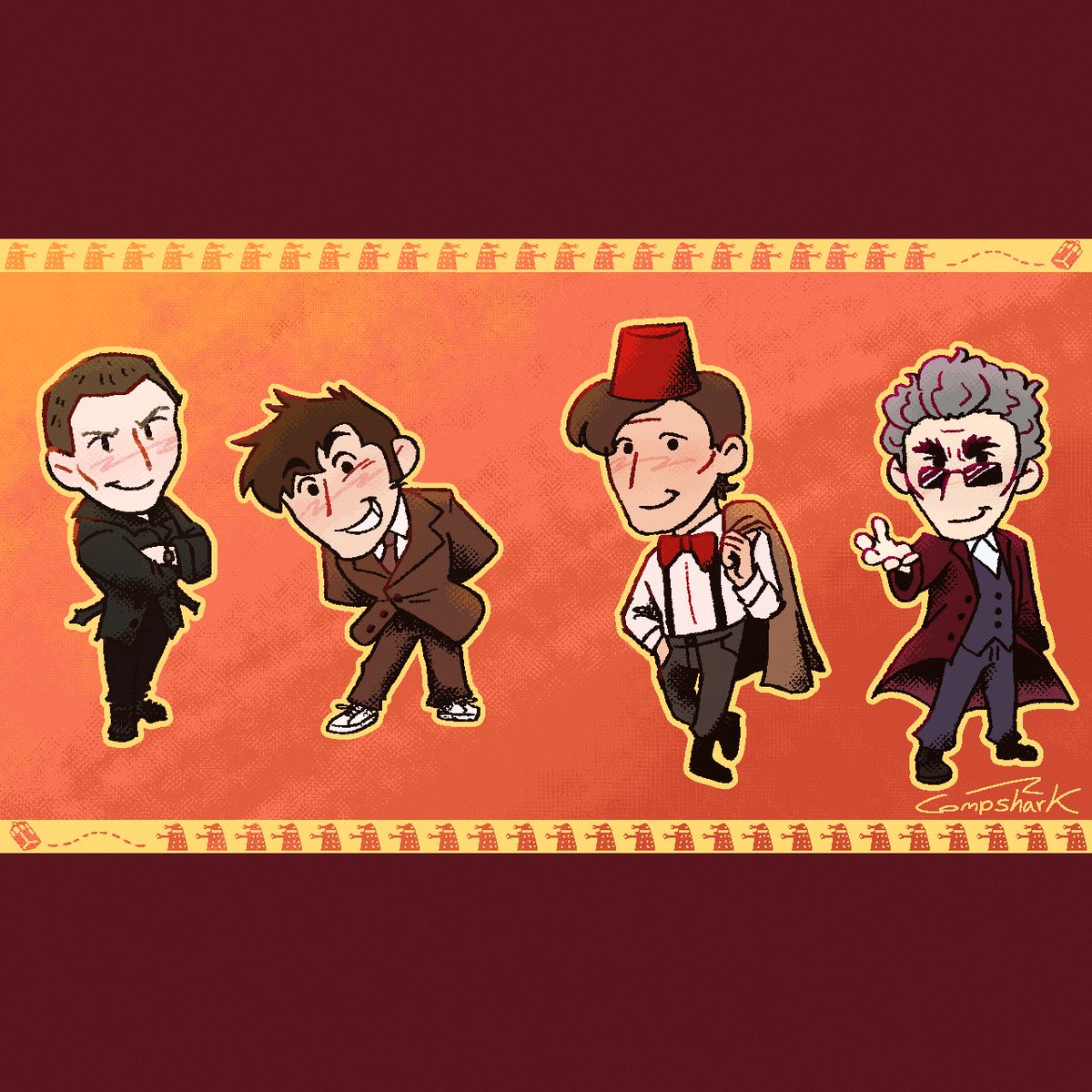 ComplimentShark's tweet photo. Currently watching Doctor Who with my partner! Just got to Peter Capaldi’s doctor and they instructed me to give him sunglasses! Lots of love for the doctors out there and I’m really enjoying everything! 
#doctorwho #doctorwhoart #fanart #thedoctor https://t.co/zWlY5dJnOu
