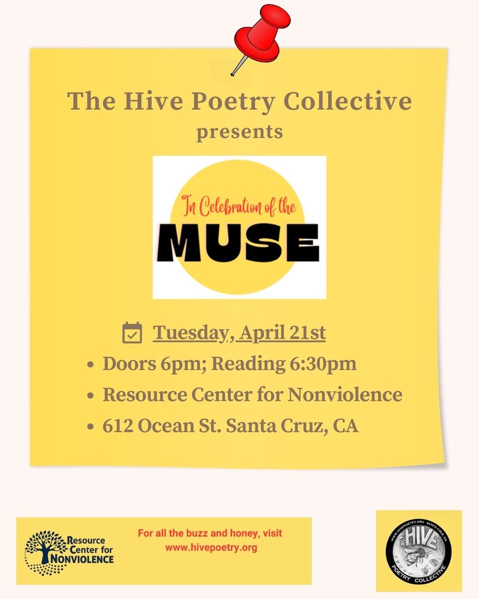HivePoetry's tweet photo. Mark your calendars! The Muse is less than a month away and we can’t wait to see you there! Join us for an evening of poetry Tuesday, April 21st at 6:30 at the Resource Center for Nonviolence🐝💕 https://t.co/64RtwXE0Vt