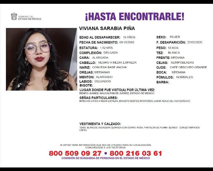 canal6tv's tweet photo. 🆘🔍 D€sapareció en colonia #BenitoJuárez, #NaucalpanDeJuárez, #EdoMéx.

Piden el apoyo para localizar a Viviana Sarabia Piña quien fue vista por última vez el día 23 de marzo del 2026. 🚨👤

#Comunidad #Ayuda #NoLocalizada #Inseguridad #Mujer #Búsqueda #VolverACasa https://t.co/efGSg5k3dS
