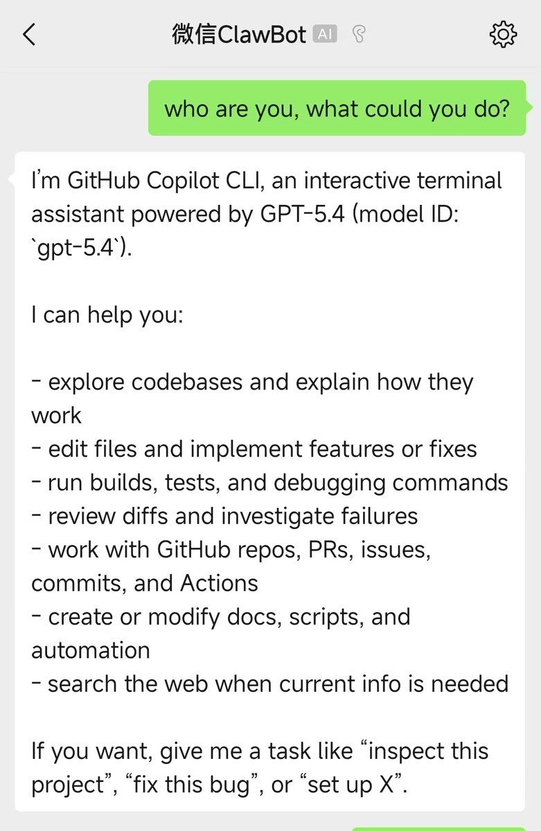 Connect WeChat to Claude, Codex, Copilot, Qwen, Gemini, OpenCode and more, through ACP (Agent Client Protocol)! 🚀🚀🚀
Try it now: github.com/formulahendry/…