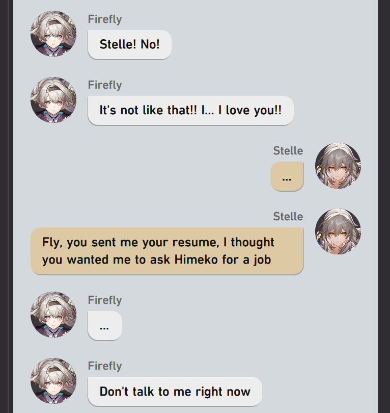 deltaYUN's tweet photo. Firefly sends the wrong file (1/3)

#stellefly #hsr #honkaistarrail #firefly #stelle https://t.co/WPeJ21sYJO