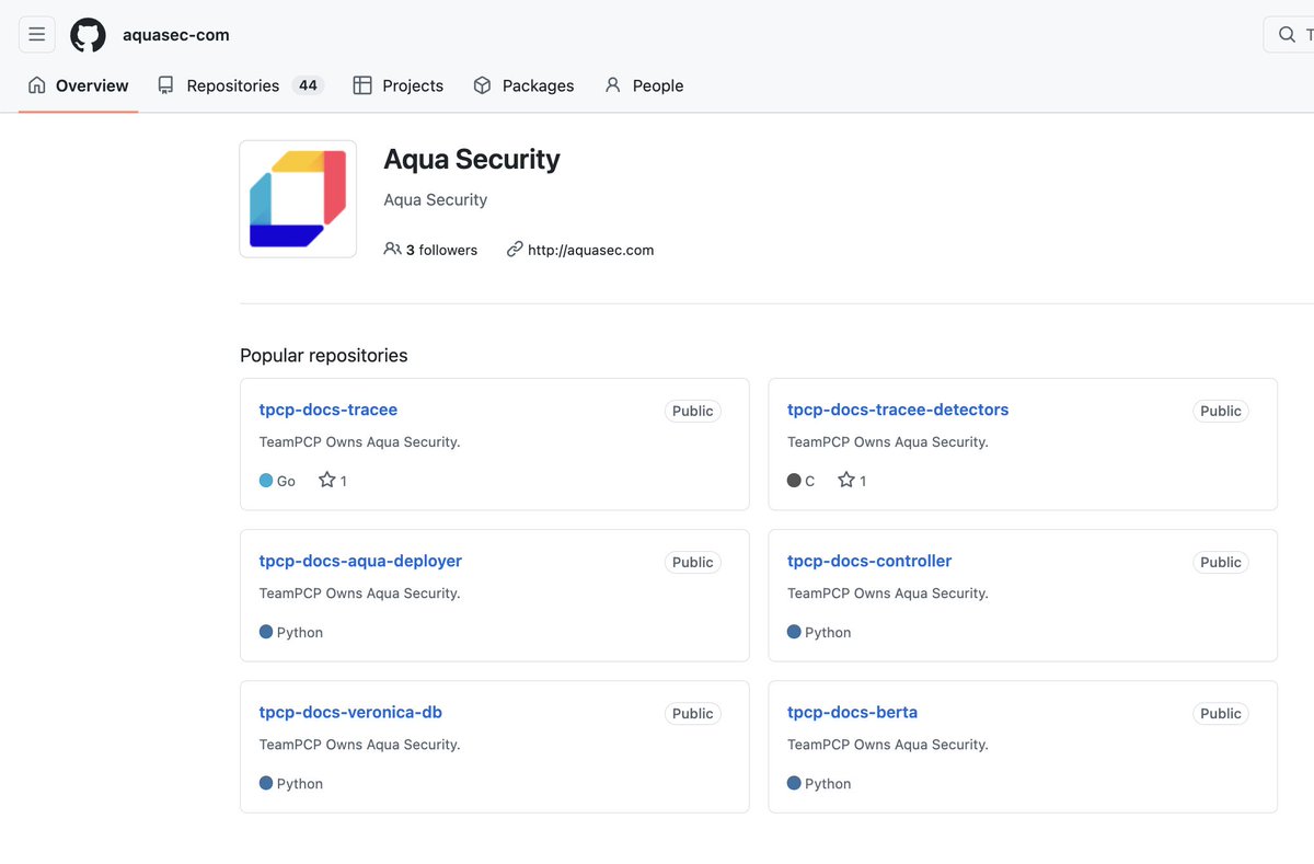 omvapt's tweet image. 44 #Aqua #Security repositories #defaced after #Trivy #supply_chain #breach 
buff.ly/siunNls