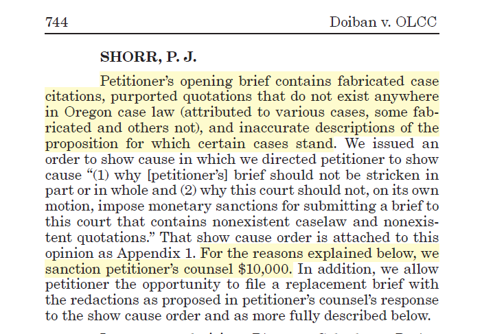 RobertFreundLaw's tweet photo. More lawyers in trouble for citing fake, AI-hallucinated cases.

These lawyers submitted an appellate brief with "fabricated case citations, purported quotations that do not exist ..., and inaccurate descriptions of the proposition for which certain cases stand."

Counsel explained that after failing to find applicable case law on Westlaw and Lexis, staff turned to Google, found a link that had fake cases, and never verified those cases.

Sanctions: $10,000.