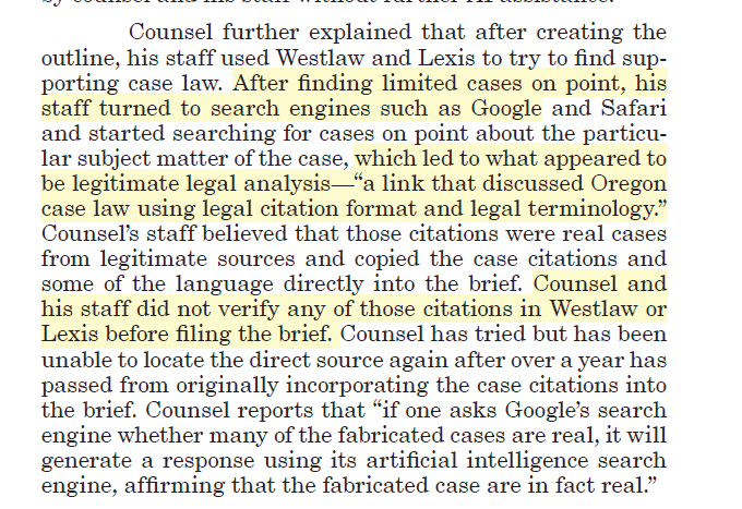 RobertFreundLaw's tweet photo. More lawyers in trouble for citing fake, AI-hallucinated cases.

These lawyers submitted an appellate brief with "fabricated case citations, purported quotations that do not exist ..., and inaccurate descriptions of the proposition for which certain cases stand."

Counsel explained that after failing to find applicable case law on Westlaw and Lexis, staff turned to Google, found a link that had fake cases, and never verified those cases.

Sanctions: $10,000.