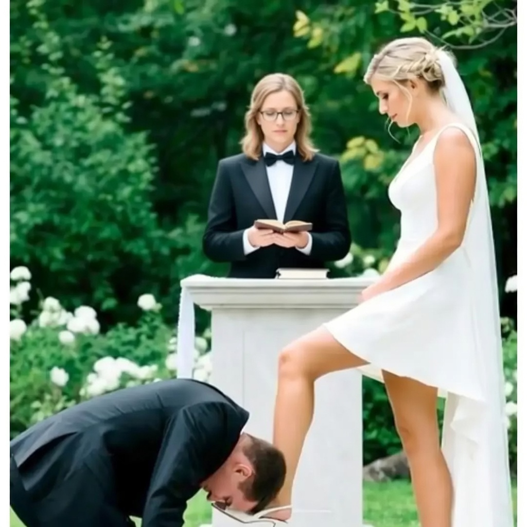 LetWomenLead1's tweet photo. 🔞♨️♀️💯"Groom, kneel and kiss bride's foot. Then repeat these vows: Groom is to love, honor, and obey bride and bride swears to love, guide and discipline groom."
[They say that]
"By the power vested in me by the Wise Women Council, I pronounce you #OwnerWife and #SlaveHusband." https://t.co/EynV7L6vIb