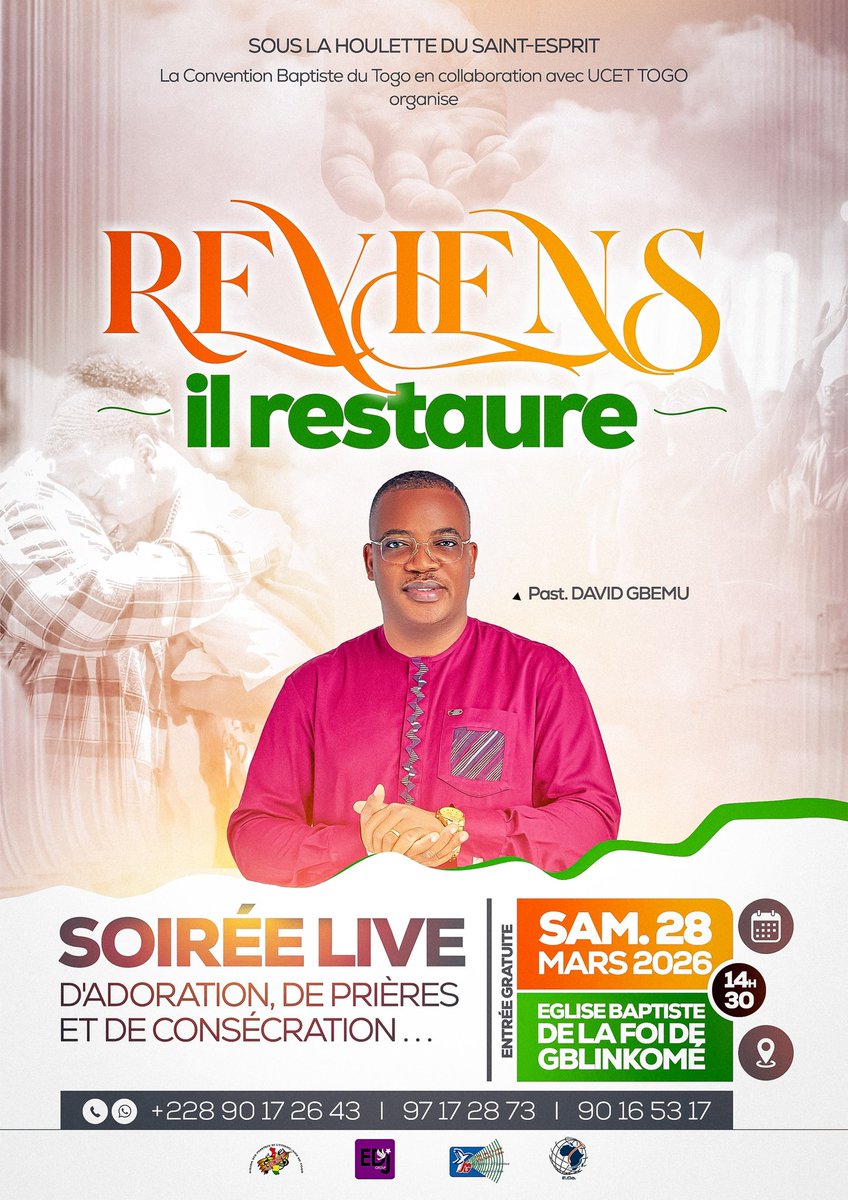 REVIENS, IL RESTAURE : Past. DAVID GBEMU

Dieu ne répare pas à moitié; Il intervient, Il restaure en profondeur. Reviens, Il Restaure se veut être un temps de retour à l’essentiel ...

#RevientIlRestaure #PastDavidGbemu  #VibrationGospelMusic #EdjGroup