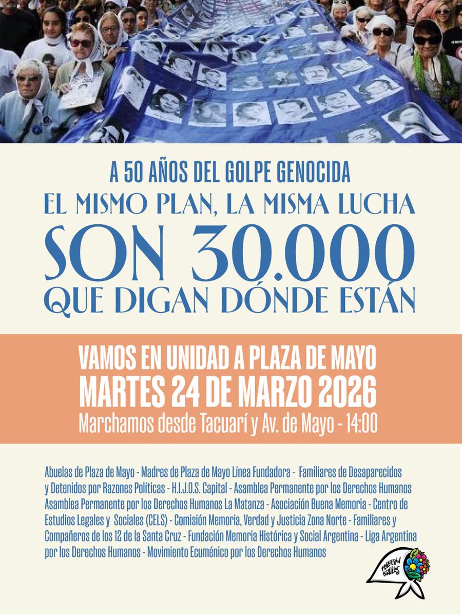 CabaApdh's tweet photo. Mañana, a #50años del golpe de Estado genocida, llenemos la Plaza, gritemos 30 mil veces Memoria, Verdad, Justicia, #NuncaMás https://t.co/xoGWGYxW2m