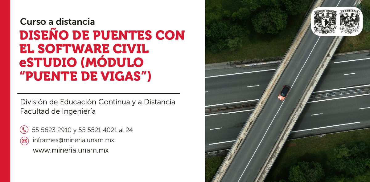 MineriaUNAM's tweet image. Aplica los conceptos de ingeniería estructural y criterios normativos para diseñar un puente vehicular, utilizando un software #BIM integral como herramienta de cálculo.
📆 Inicio 20 de abril
💻 Modalidad a distancia
💡 Temario, precio y registro en: mineriaunam.short.gy/SYtXCn