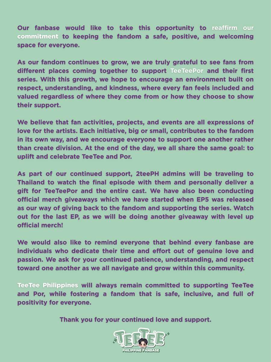 2TEEPH's tweet photo. Growing together, supporting together. 🐶💜

As our fandom continues to grow, we remain committed to creating a safe, positive, and inclusive space for everyone. No matter where you’re from or how you show your love, you belong here. Let’s continue to uplift one another and celebrate the artists who brought us all together. 🥰

With love and gratitude, we move forward as one fandom, stronger, kinder, and united. 

#twnpich