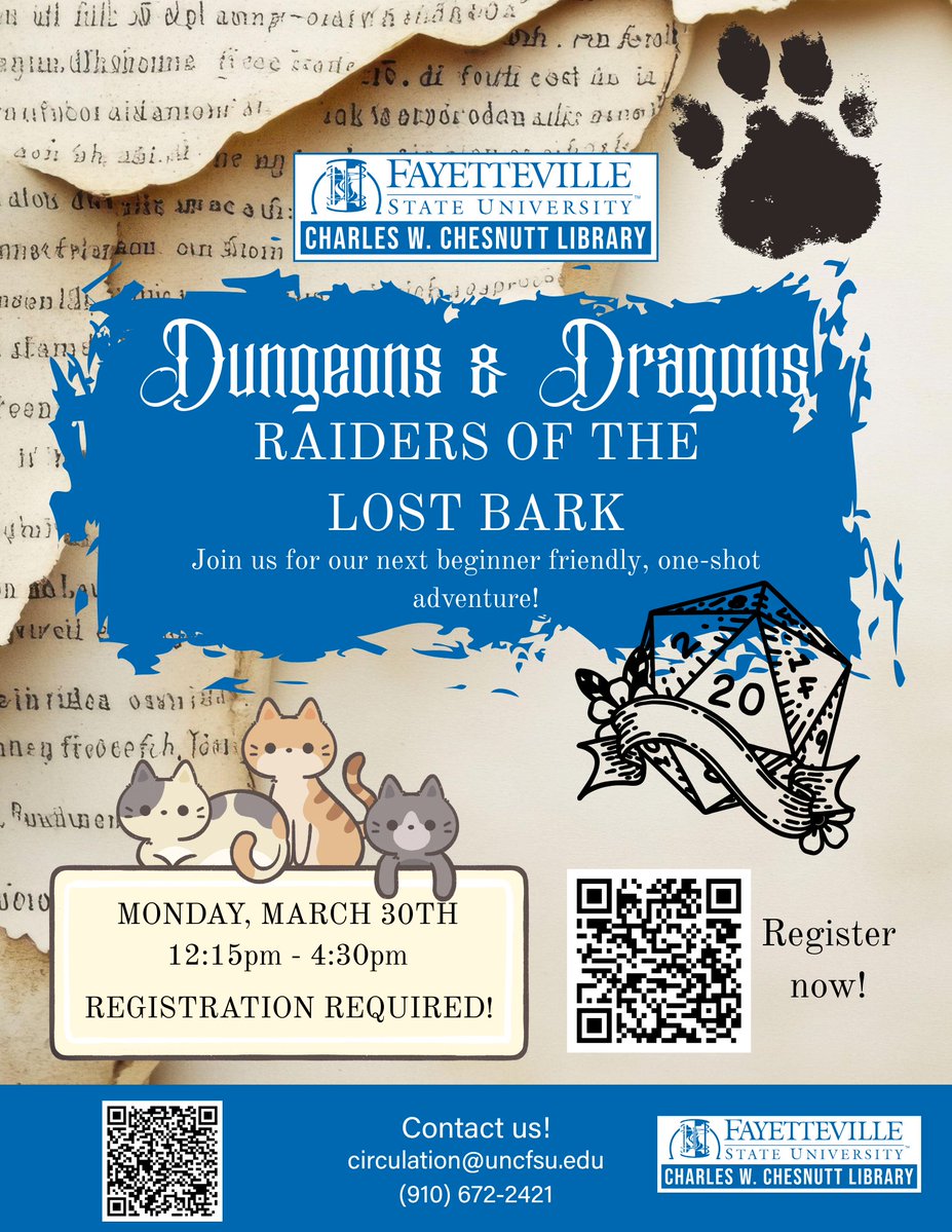 ONE spot remains on our Dungeons &amp; Dragons one-shot next week! Register now or join our waitlist at uncfsu.libcal.com/calendar/libra…

#uncfsu #chesnuttlibrary #fayettevillestatebroncos #charleswchesnuttlibrary #fayettevillestateuniversity #fayettevillestate #loveyourlibrary #BroncoPride