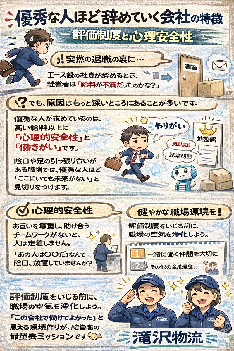 takizawa_br88's tweet photo. 「優秀な人ほど辞めていく会社の特徴」
― 評価制度と心理安全性

🏃‍♂️💨 「えっ、彼が辞めるの!?」…
優秀な社員の退職届は、突然やってきません。

エース級の社員が辞めるとき、経営者は「給料が不満だったのかな？」と考えがち。

でも、原因はもっと深いところにあることが多いんです。

優秀な人が求めているのは、高い給料以上に「心理的安全性」と「働きがい」です。

陰口や足の引っ張り合いがある職場では、優秀な人ほど「ここにいても未来がない」と見切りをつけます。

お互いを尊重し、助け合うチームワークがないと、人は定着しません。

「あの人は〇〇だ」なんて陰口、放置していませんか？ 

滝沢物流では「一緒に働く仲間を大切にする」ことを企業理念の筆頭に置いています。

社員の心が健康で、安心して働ける環境（健康経営）こそが、最強の定着対策なんです。

 評価制度をいじる前に、職場の空気を浄化しよう。

「この会社で働けてよかった」と思える環境作りが、経営者の最重要ミッションです🤝

#離職防止 #心理的安全性