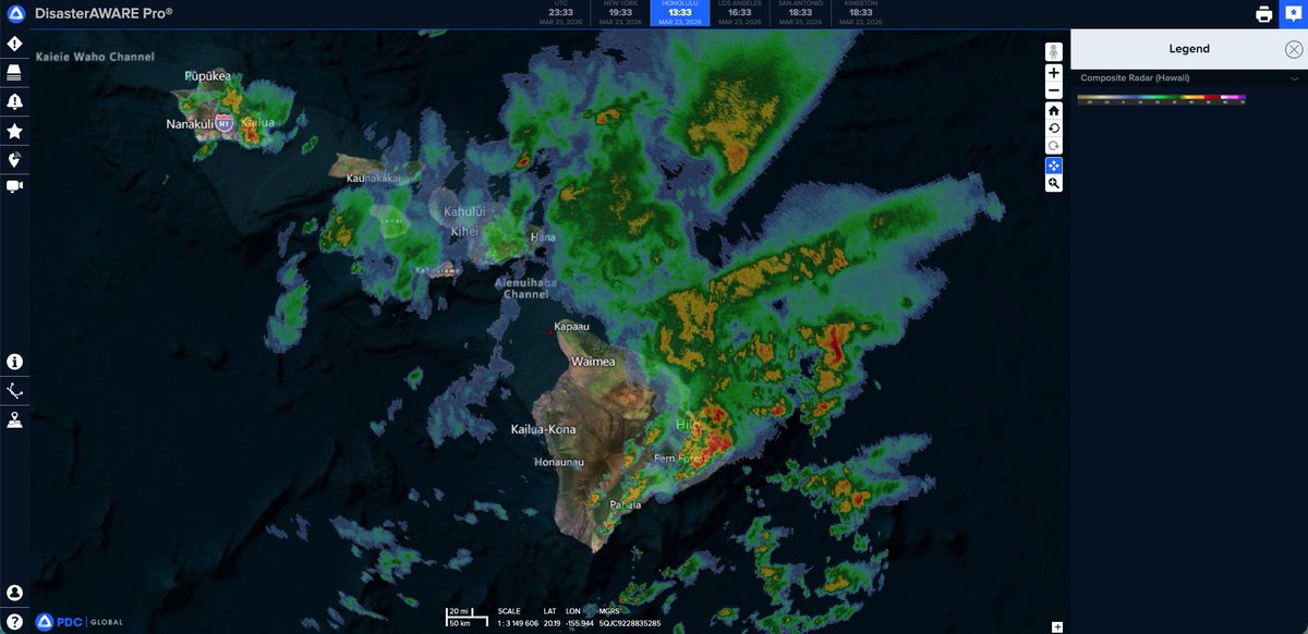 PDC_Global's tweet photo. At 01:01 PM HST today (March 23), a Flash Flood Warning was issued for the Island of Hawaii (the Big Island). Radar indicated an area of very heavy rain over far eastern Big Island between Laupahoehoe and Mountain View. Rain was falling at a rate of 2 to 4 inches per hour. Hawaii County Civil Defense reported road flooding along Bayfront Highway. Additional areas of heavy rain could develop elsewhere in the warned area over the next few hours.

The attached DisasterAWARE screenshots show estimates of population and demographic breakdowns within the current Flash Flood Warning area (yellow shaded area), including radar snapshot.

Continue to monitor DisasterAWARE and the Disaster Alert app, as well as local authorities, throughout this event as conditions may change and additional alerts may be issued, extended, or canceled.
>>> Download the free Disaster Alert app, available on Google Play and the iOS App Store (Search "Disaster Alert" in the app stores)
>>> Are you a Disaster Manager? Access DisasterAWARE Pro at https://t.co/bYrXC4rNaF
#EarlyWarningForAll #SaferWorld #hawaii #maui #oahu #molokai #SevereWeather #flood #disasteraware
@Hawaii_EMA
@Maui_EMA
@CivilDefenseHI
@Oahu_DEM