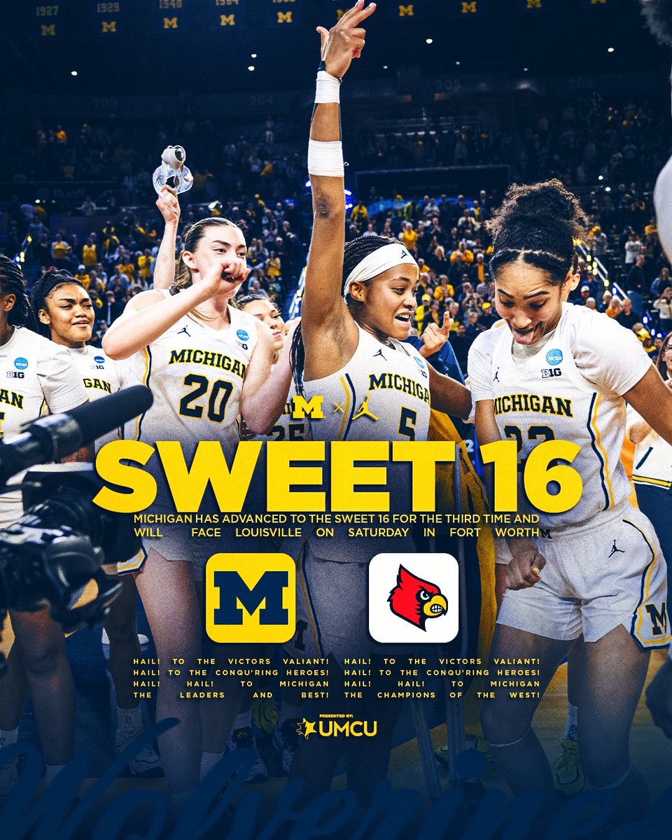 umichwbball's tweet photo. Michigan will face Louisville in the Sweet 16 on Saturday in Fort Worth at either 12:30 p.m. ET or 3 p.m. ET on ABC

#GoBlue https://t.co/LBtIltFrBK