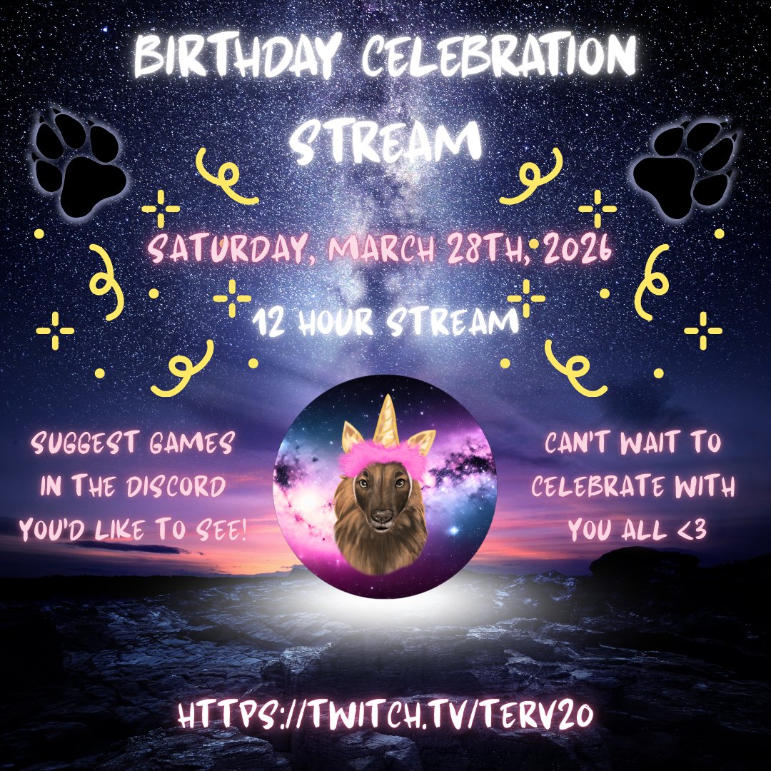 This coming Saturday (3/28) I'll be streaming for 12 hours to celebrate my birthday this week! Have a couple games lined up but suggestions are always welcome - drop them in the discord (you can join from my Twitch page if you're not already in it). Hope to see you all there 🥰🎉