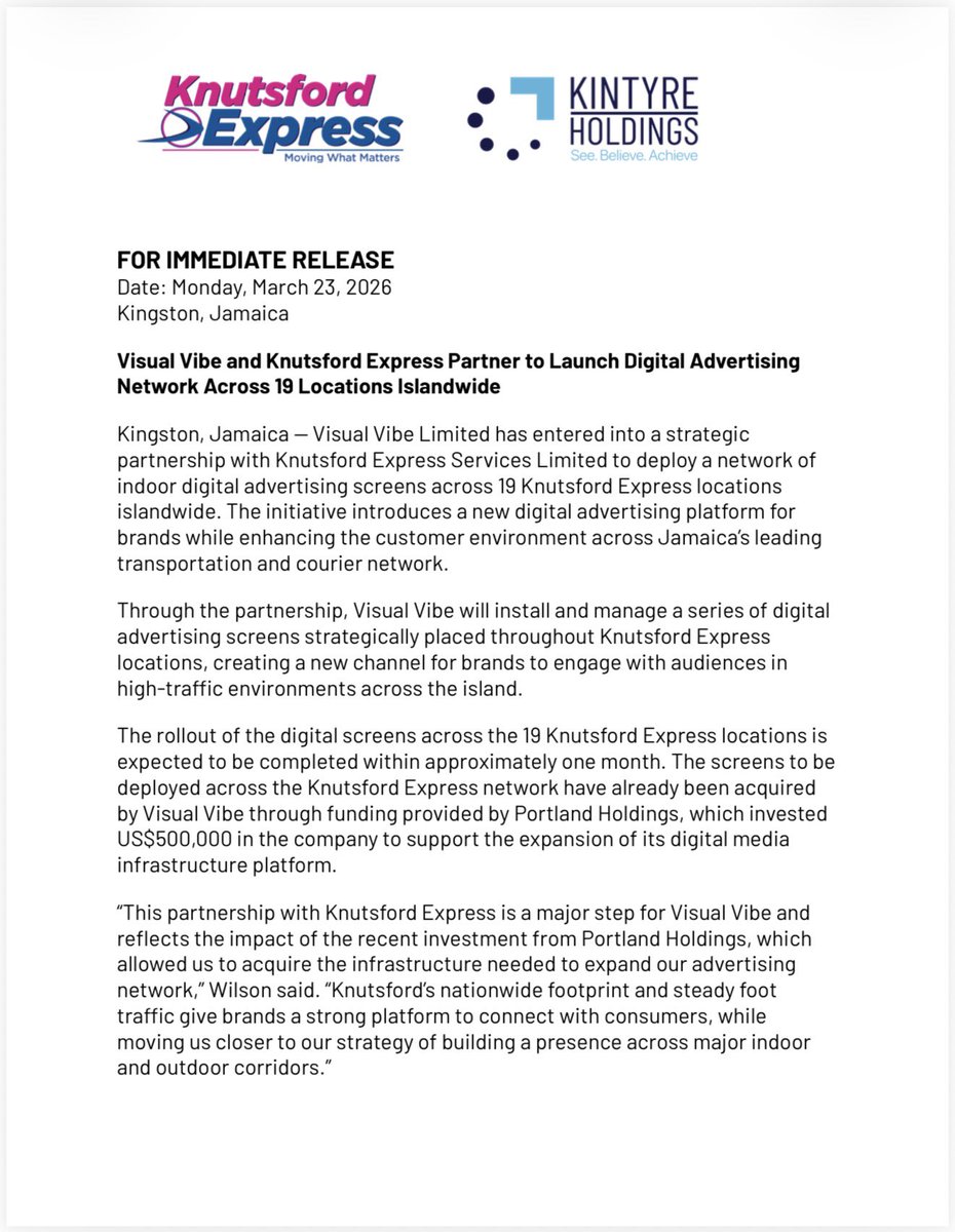 TyroneKintyre's tweet photo. Very happy to announce a groundbreaking partnership between Visual Vibe & Knutsford Express to install digital indoors screens in all their 18/19 locations across the island! Read our release and hear from Knutsford Express CEO, Oliver Townsend & myself. #VisualVibe #FORWARD https://t.co/Fs62SwwEPU