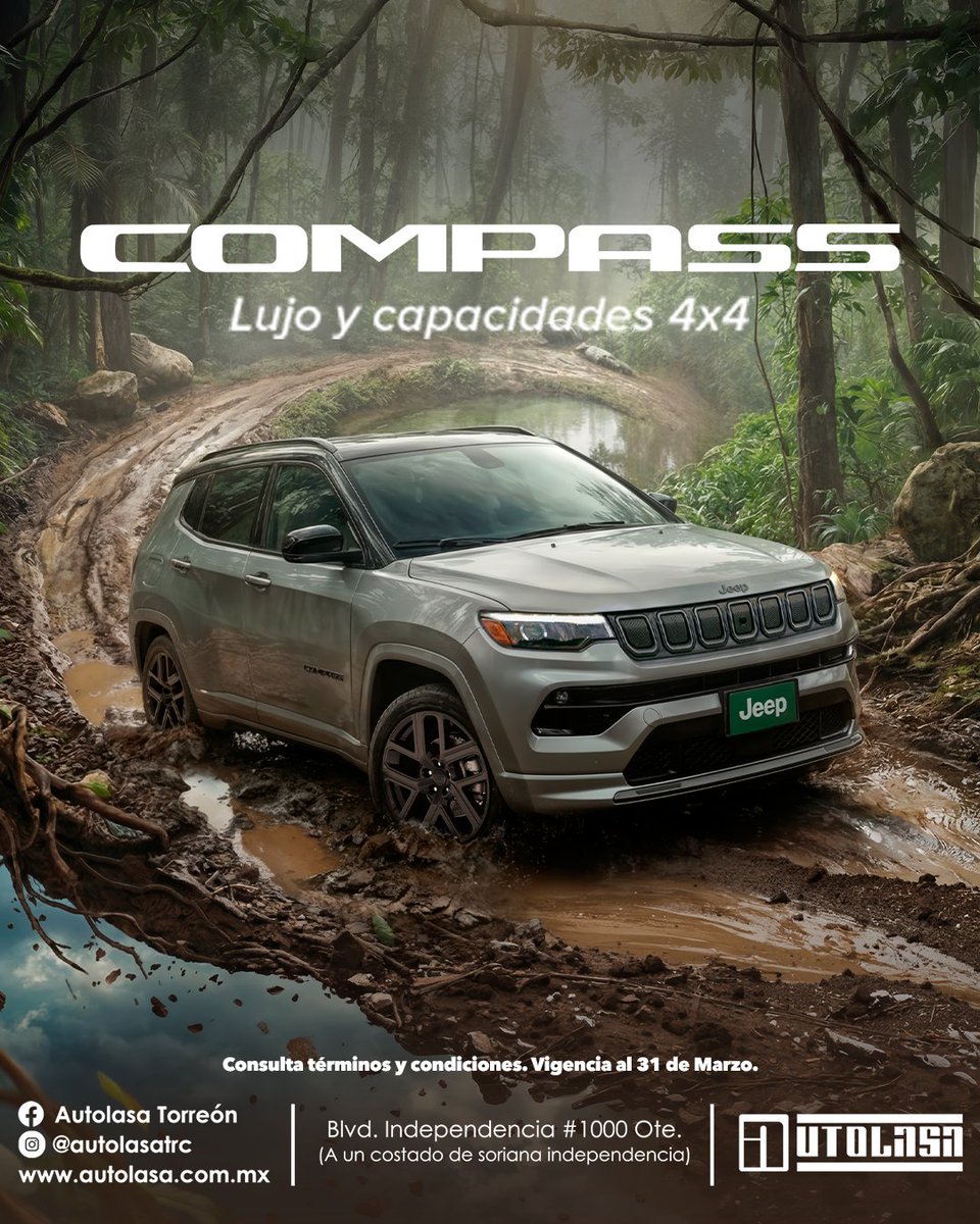AutolasaLaguna's tweet photo. No todos los caminos son iguales… y tu Jeep tampoco 😎🌎
Descubre la Compass: elegancia por dentro, capacidad total por fuera.

📲 Agenda tu prueba de manejo hoy : Blvd. Independencia #1000 Ote. https://t.co/B0Pu3vxITk