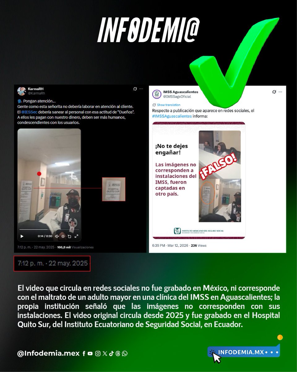 ❌Falso que un adulto mayor fue maltratado en una clínica del IMSS en Aguascalientes

✅El video que circula en redes sociales no fue grabado en México, ni corresponde con el maltrato de un adulto mayor en una clínica del IMSS en Aguascalientes; la propia institución señaló que