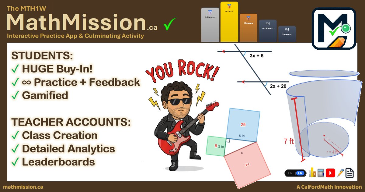 CalfordMath's tweet photo. Introducing the MTH1W Math Mission. An engaging, gamified and instructional practice app  &amp; culminating Activity for de-streamed grade 9 math! Create classes, view leaderboards, get detailed analytics. EN/FR ✅#iteachermath #MTBoS #MTH1W
 https://t.co/pZb95x4LMn https://t.co/Afw0QOK5mZ