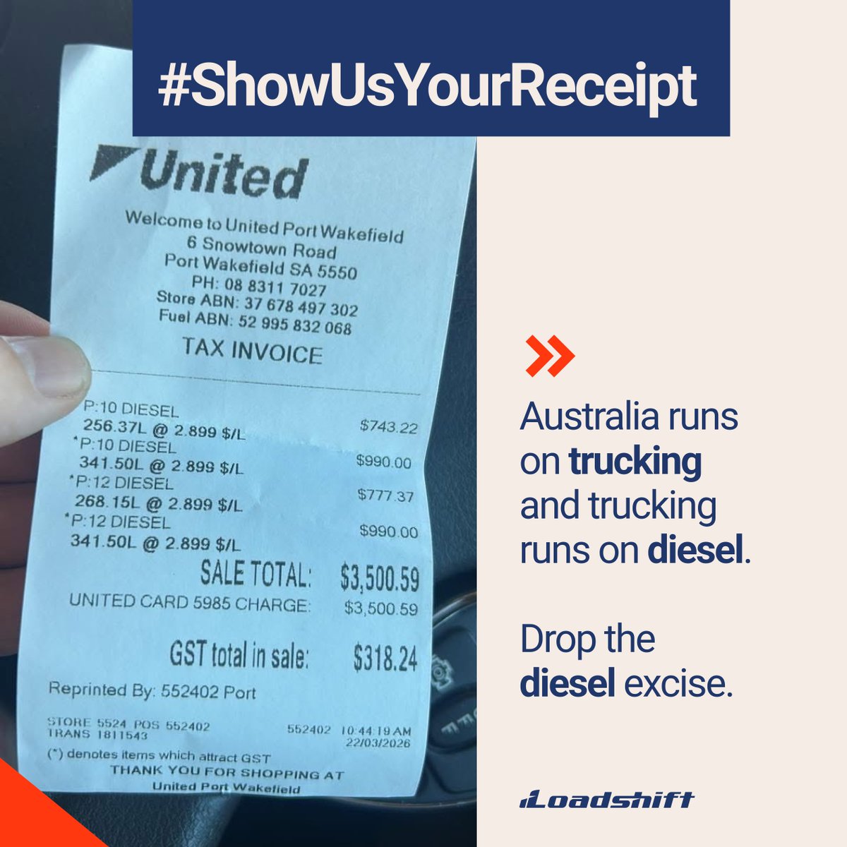 $3,500 to fill a truck. Nearly $1,000 of that was tax.
The fuel excise on diesel should be suspended immediately. Australia runs on trucking and trucking runs on diesel.
Truckies: show Australia what it costs. Share your receipt and tag <a href="/loadshift/">Loadshift</a>.
#ShowUsYourReceipt