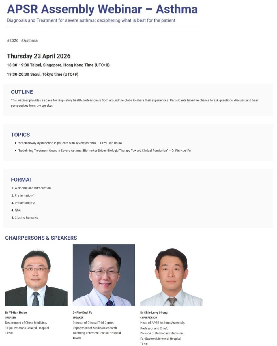 APSRapsr's tweet photo. 🚨 Join the upcoming APSR Assembly Webinar – Asthma!

📅 23 April 2026
📍 Online (Zoom)

Stay up to date with the latest insights in asthma research and clinical practice from leading experts in the region.

👉 https://t.co/8SZXJ8NqBM

#APSR #Webinar #Asthma #RespiratoryMedicine https://t.co/1QTxa4JGbe