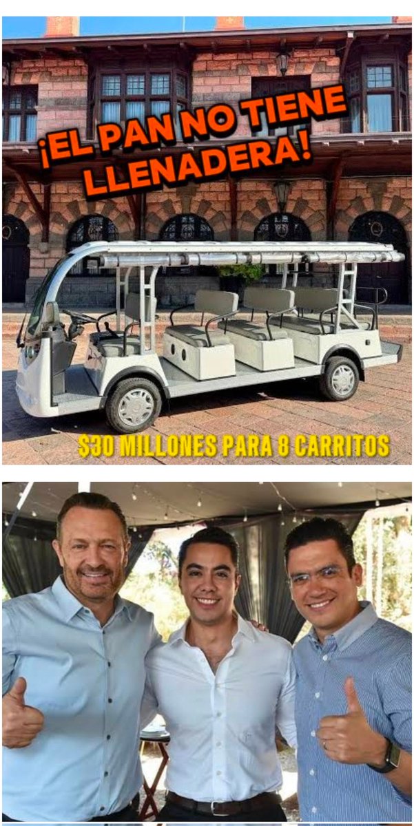🚨 TREMENDO NEGOCIAZO QUE HACE EL PANISTA <a href="/FeliFerMacias/">Felipe Fernando Macías</a> CON CARRITOS DE GOLF

El Alcalde de Querétaro se gastó nada más y nada menos 30 MDP en 8 carritos de golf para 12 personas para recorrer el Centro Histórico de la ciudad. Cada carrito le salió en 3.75 MDP cuando en realidad
