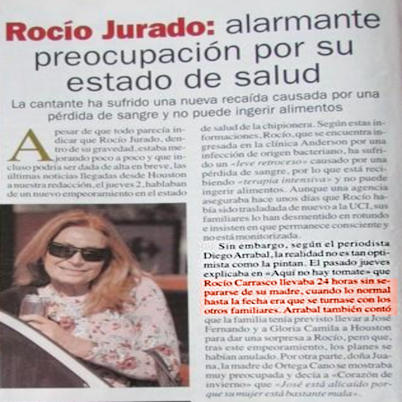 Según Diego Arrabal explicaba que Rocío Carrasco Mohedano llevaba 24 h. sin separarse de su madre Rocío Jurado,cuando lo normal hasta la fecha era que se turnarse con los otros  familiares.#RocíoCarrasco #MareaFucsia #APOYOROCIO24M 
𓆩¹¹¹𓆪"Aunque mientas, siempre hay una verdad"