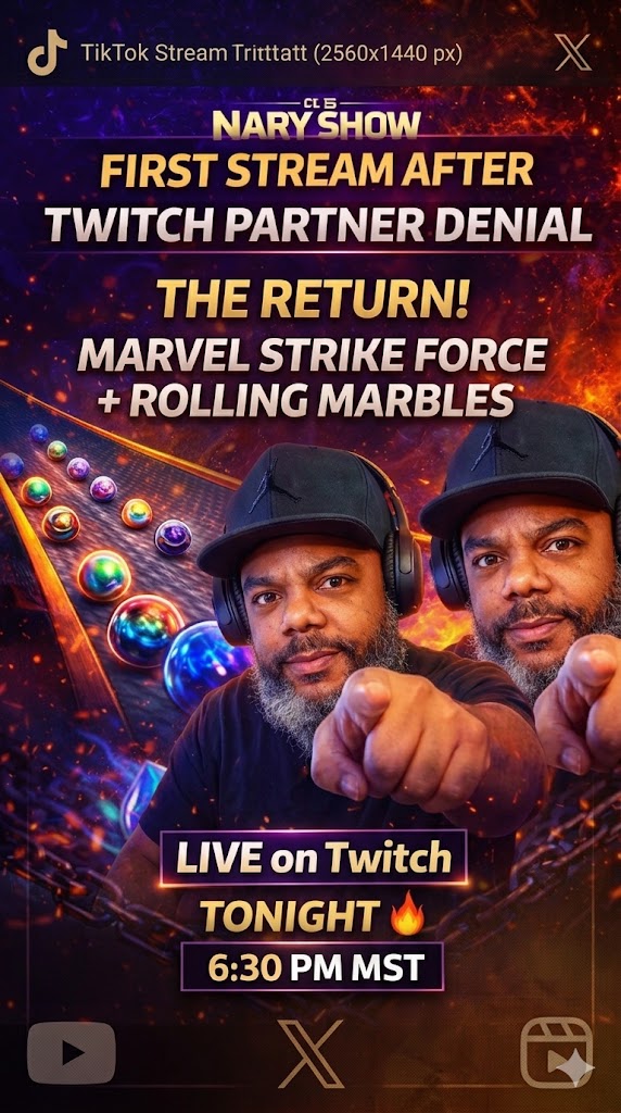 TheNaryShow's tweet photo. We’re going live tonight 🔥
🎲 Rolling marbles with chat
🎮 Marvel Strike Force
⏰ 8 PM MST
Pull up 👀
https://t.co/eYxTNluaoi #MarvelStrikeForce
#MSF
#TwitchLive
#RollingMarbles https://t.co/BtashphMmc